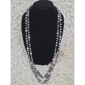 Chico's Signed Necklace Long 2 Layer Beaded Charcoal Silver Gunmetal Statement